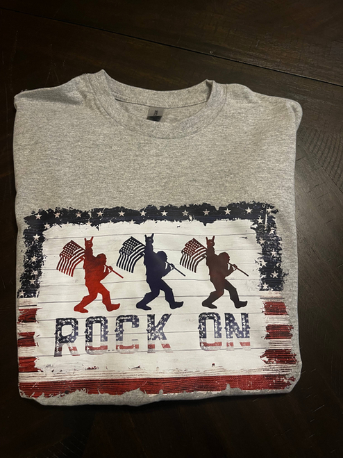 Patriotic Bigfoot "Rock On" t-shirt - SqPat783