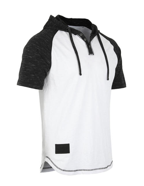 ZIMEGO Men's Short Sleeve Raglan Henley Hoodie Round Bottom Semi Longline T-Shirt - ZGSS140H-WHT-BLK-M