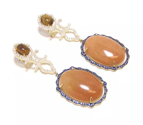 Ivory Jasper & tiger's Eye Oval Shape Dangle Earrings, 925 Sterling Silver, Yellow Gold