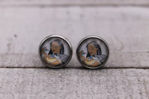 Pocahontas, Bird & Racoon  Glass Stud Earrings