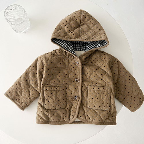 Baby Dot Pattern Corduroy Fabric Quilted Warm Coat With Hat - JM2209141622-1239
