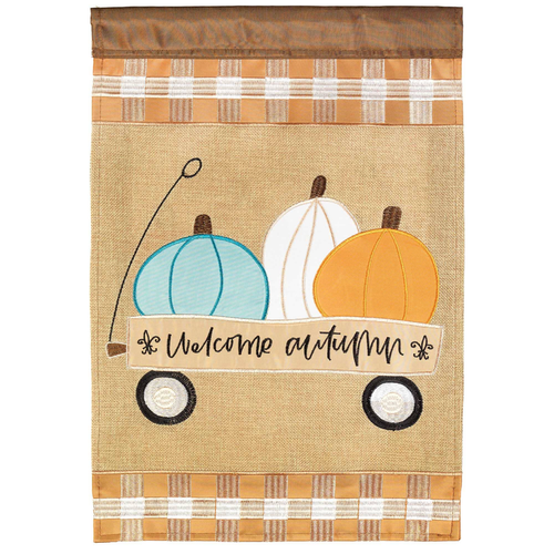 Welcome Autumn Wagon Fld Flag Burlap