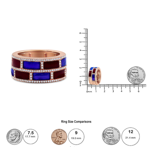 18K Rose Gold Alternating Red and Blue Enamel and 1/2 Cttw Diamond Studded Band Ring (F-G Color, VS1-VS2 Clarity)