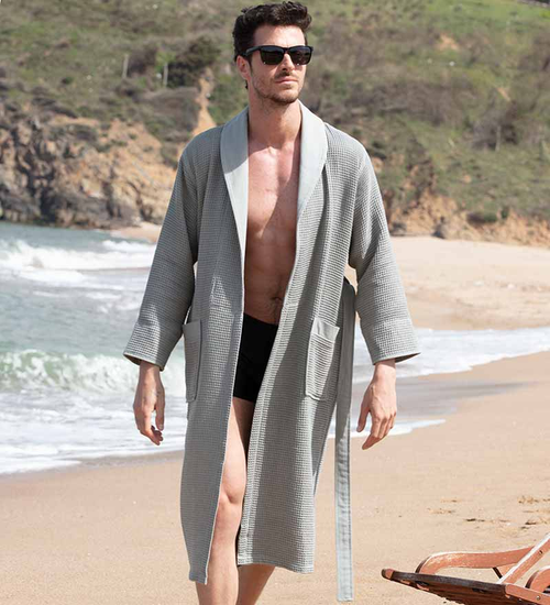 Men's Luxury Long Waffle Bathrobe - BC-RWP112M-GRY-L67