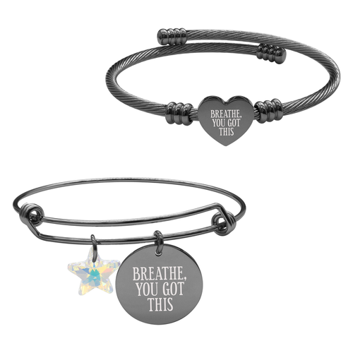 Black Wire Bangle With Austrian Crystal And Heart Cable Set By Pink Box Part 1 - 23.SET.SWASTRBNGL.OHC-BREATHEYOUGOTTHIS-BLK