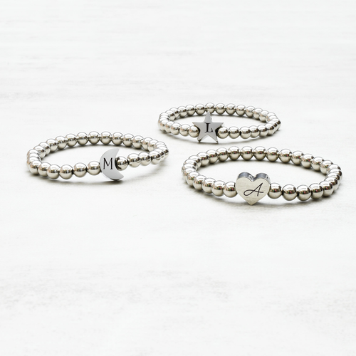 7 Inch Beaded Heart Moon Or Star Initial Bracelets By Pink Box - 23.SS6MM-MOON-BRI-Z-SLV-7