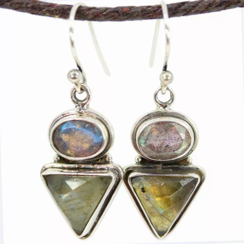 Tribal Style Trillion and Oval Cut Labradorite Earrings