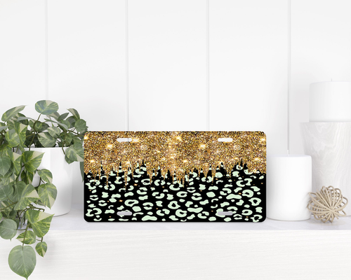 Leopard Print faux glitter Drip License Plate