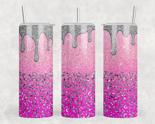 Pink Leopard faux glitter Drip|Skinny Tumbler|Optional Bluetooth Speaker| Speaker Color Varies