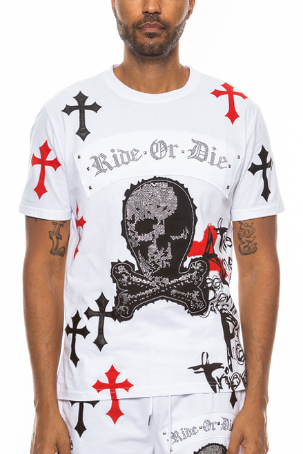 Bejewelled Chrome Skull TShirt - WT4106-WHITERED-XL