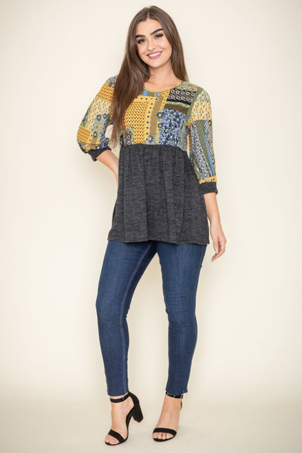 3/4 Sleeve Contrast Patchwork Printed Tunic - 1Eloges45