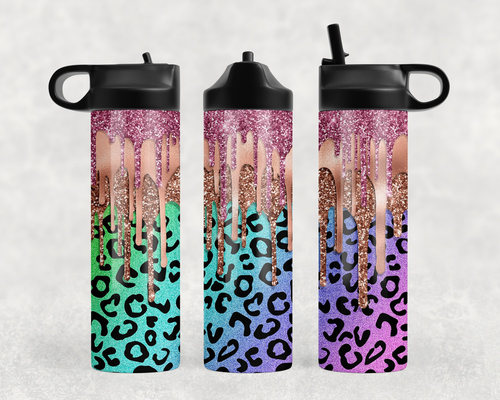 Rainbow Leopard faux glitter Drip Steel Water Bottle