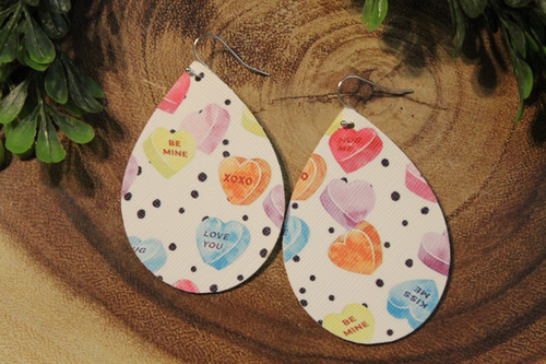 Convo Hearts & Polka Dots on White || Faux Leather Teardrop Dangle Earrings || Single-Sided