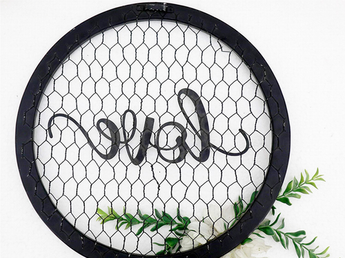 Love Round Metal Wall Hanging Art Sign Word Love on Chicken Wire Round Framed and with Fabric Flower 12.2 x 12.2 x 1.4 Inches (Love)