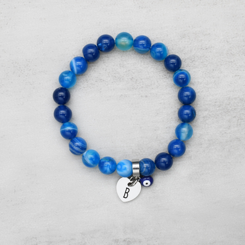 Reversible Natural Gemstone Heart Initial Evil Eye Stretch Bracelets - S001536B002521P000732V002