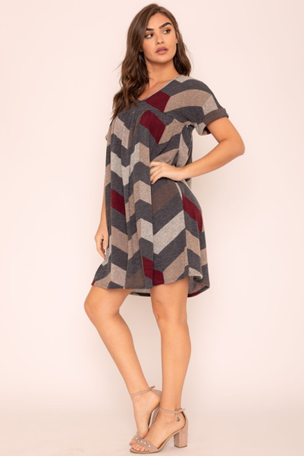 Chevron Short Cuff Sleeve V-Neck Babydoll Dress