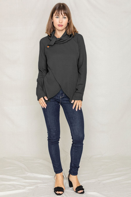 Waffle Knit Turtle Neck Tunic with Tab Accent