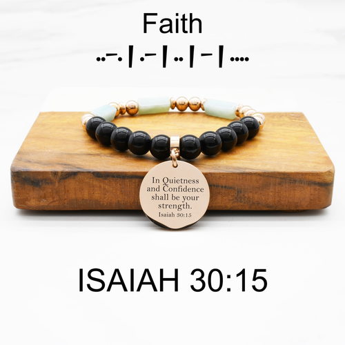 Natural Amazonite Obsidian Mix Faith Morse Code Scripture Bracelets in Rose Gold Plating - PinkBox3-9436