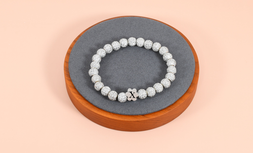 Iced Out Flower Initial Charm Stretch Bracelet By Pink Box - ICEDOUTFLOWERXLRGSLV