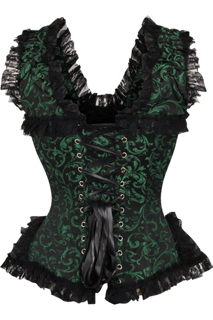 Top Drawer Green/Black Swirl Brocade & Lace Steel Boned Corset w/Cap Sleeves