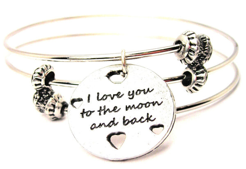 I Love You To The Moon And Back With Hearts Triple Wire Bangle Bracelet