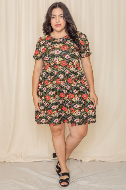 Cosmos Floral Puff Sleeve Knee Length Dress - 2ELOGES725