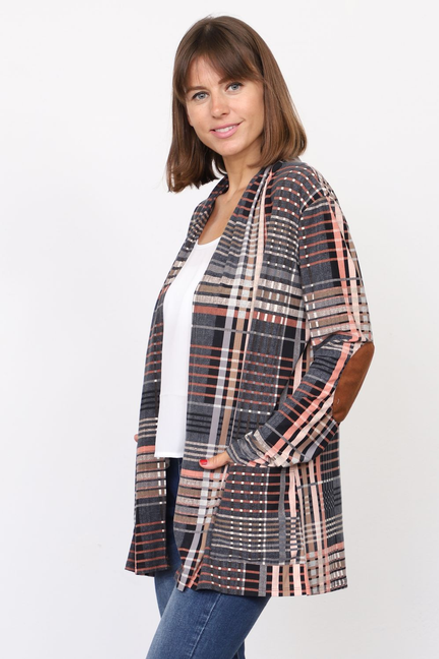 Plaid Elbow Patch Open Cardigan - F3-Eloges-3114