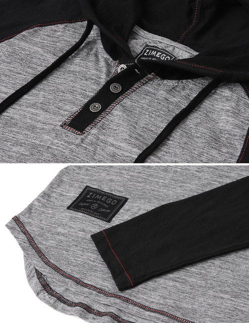 ZIMEGO Long Sleeve Raglan Henley Round Bottom Hood T-Shirts - ZFLS140H-SGRY-BLK-S