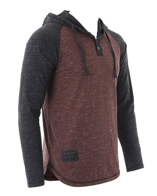 ZIMEGO Long Sleeve Raglan Henley Round Bottom Hood T-Shirts - ZFLS140H-MAR-BLK-L