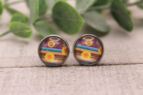 Sunflowers on Serape Glass Stud Earrings Sunflowers on Serape Glass Stud Earrings