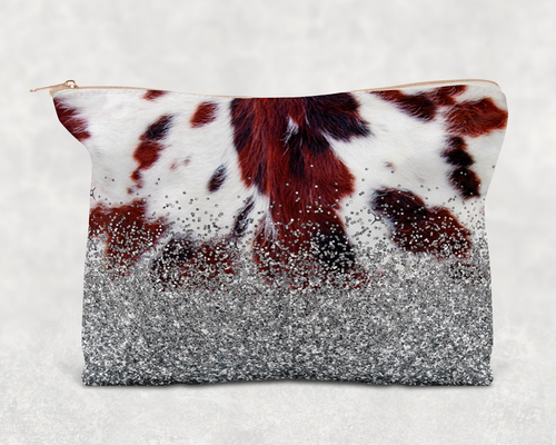 Faux Cowhide Silver Faux Glitter  Printed Canvas Zipper Bag