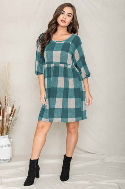Buffalo Plaid 3/4 Sleeve Empire Waist Dress - 1Eloges279