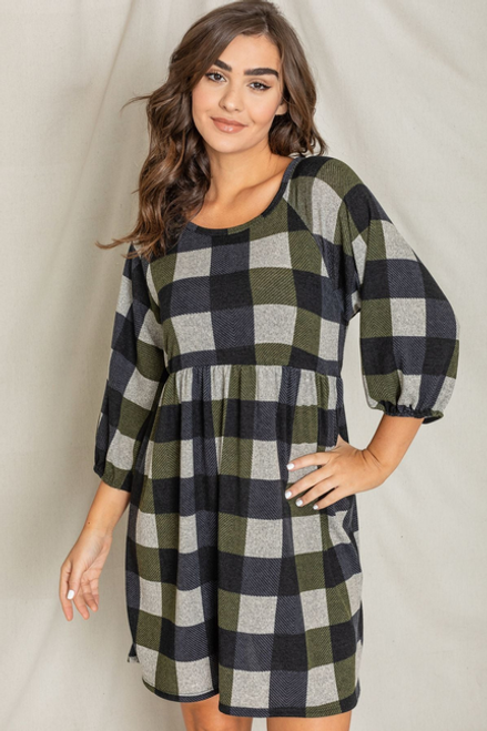 Buffalo Plaid 3/4 Sleeve Empire Waist Dress - 1Eloges274