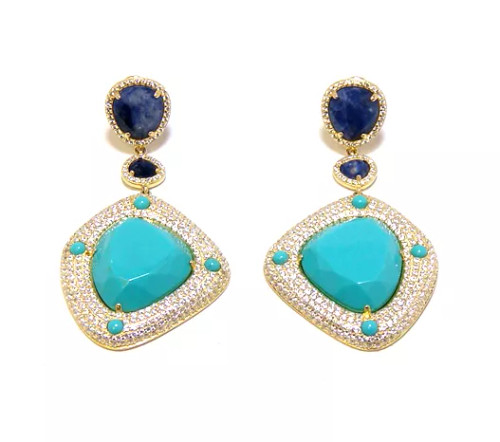 Turquoise & Sodalite Sliced Drop Dangle Earrings 925 Sterling Silver, Yellow Gold Turquoise & Sodalite Sliced Drop Dangle Earrings 925 Sterling Silver, Yellow Gold