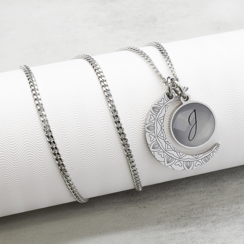 Pastel Grey Love Mandala Moon Initial Cabochon Toggle Necklace - 23.MNCBO-CURB-SCRIP-J-PASGRY