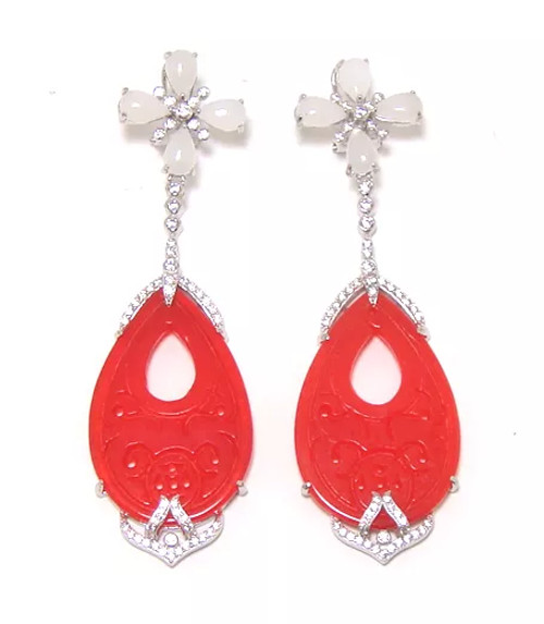 Red & White Jade Drop Dangle  Earrings