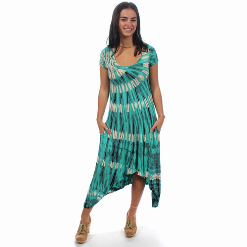 GWEN DRESS Rayon Spandex Cap Sleeve Hi-Lo Short Dress Tan Navy  Tie Dye - JD410WDressJD410-aqua-L