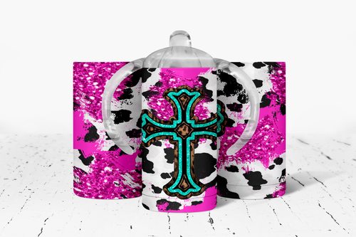 Pink Cow Print Cross Insulated Kids Dual Lid Sippy Cup Tumbler