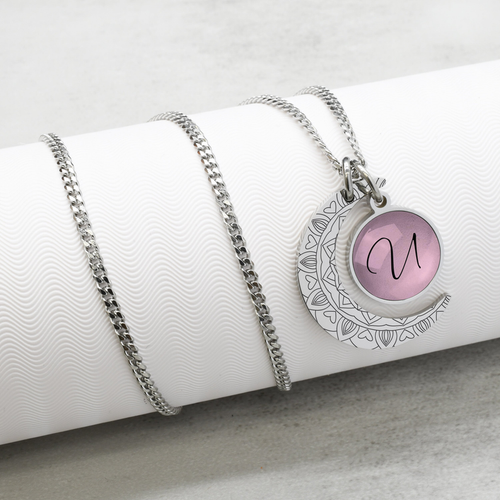 Pastel Pink Love Mandala Moon Initial Cabochon Toggle Necklace - 23.MNCBO-CURB-SCRIP-U-PASPNK