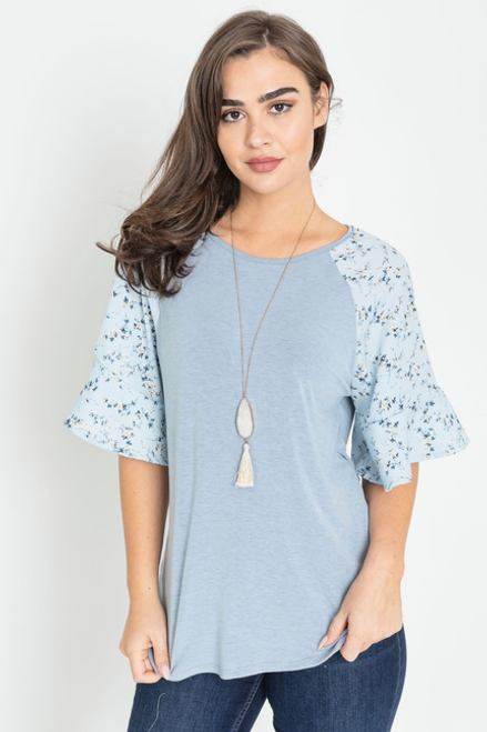 Ditsy Floral Raglan Ruffle Sleeve Tunic - F3-Eloges-998