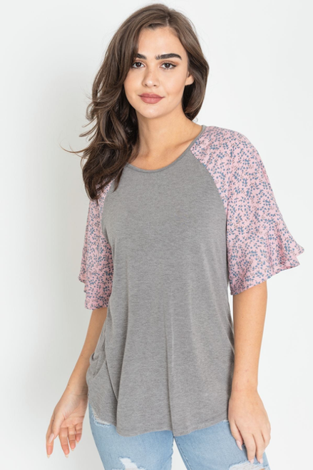 Ditsy Floral Raglan Ruffle Sleeve Tunic - F3-Eloges-1008