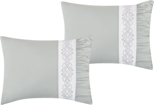 7 Piece Comforter Set Grey White Floral Soft Bedding - 7PC-Maxine-22351-Q
