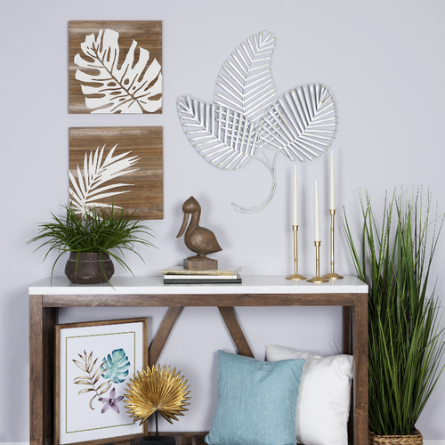 Tropical Distressed White Fanned Metal Leaves Botanical Wall Decor