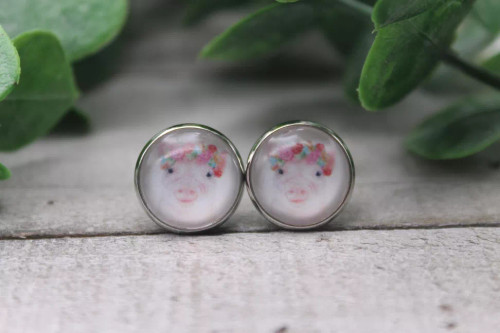 Floral Crown Pig  Glass Stud Earrings