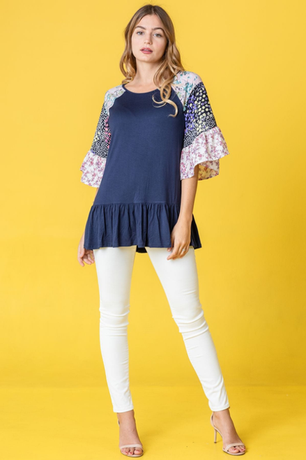 Floral Color Block Ruffle Sleeve Tunic With Ruffle Hem - 2ELOGES1288