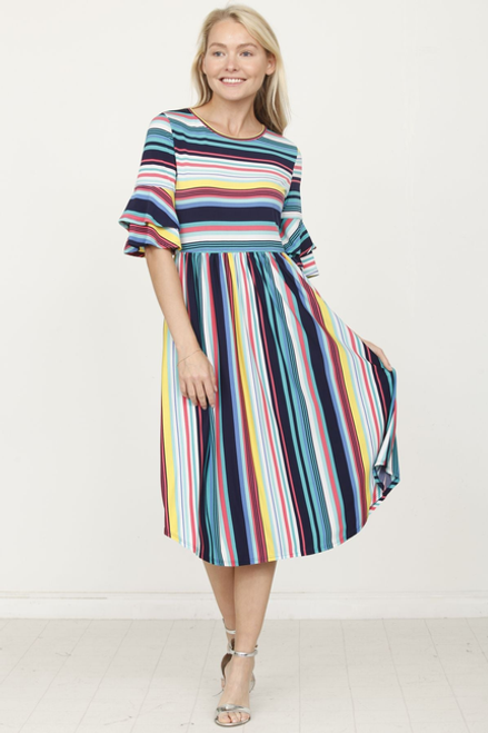 Cyan & Multi Stripe Double Ruffle Sleeve Midi Dress - 1Eloges693