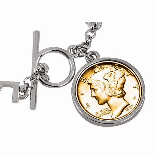 Gold-Layered Seated Liberty Dime Inspirational Dream Wish Love Laugh Joy Coin Bracelets - S001678B002166P000299V003