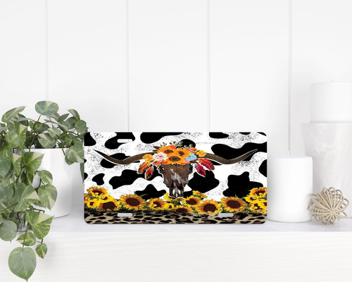 Cow Print Bull Skull|License Plate