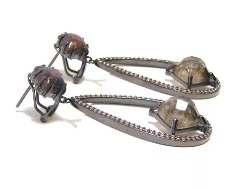 Smoky Quartz & Australian Jasper Drop Earrings, 925 Sterling Silver