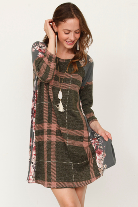 Plaid Floral Trim A-Line Mini Dress - 1Eloges1886